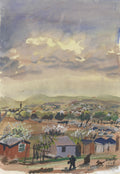 Quadro decorativo em aquarela de Oskar Laske, representando uma paisagem com um vilarejo sob um céu nublado, com um homem e um cão caminhando em primeiro plano. Tons terrosos, cinzas e verdes.