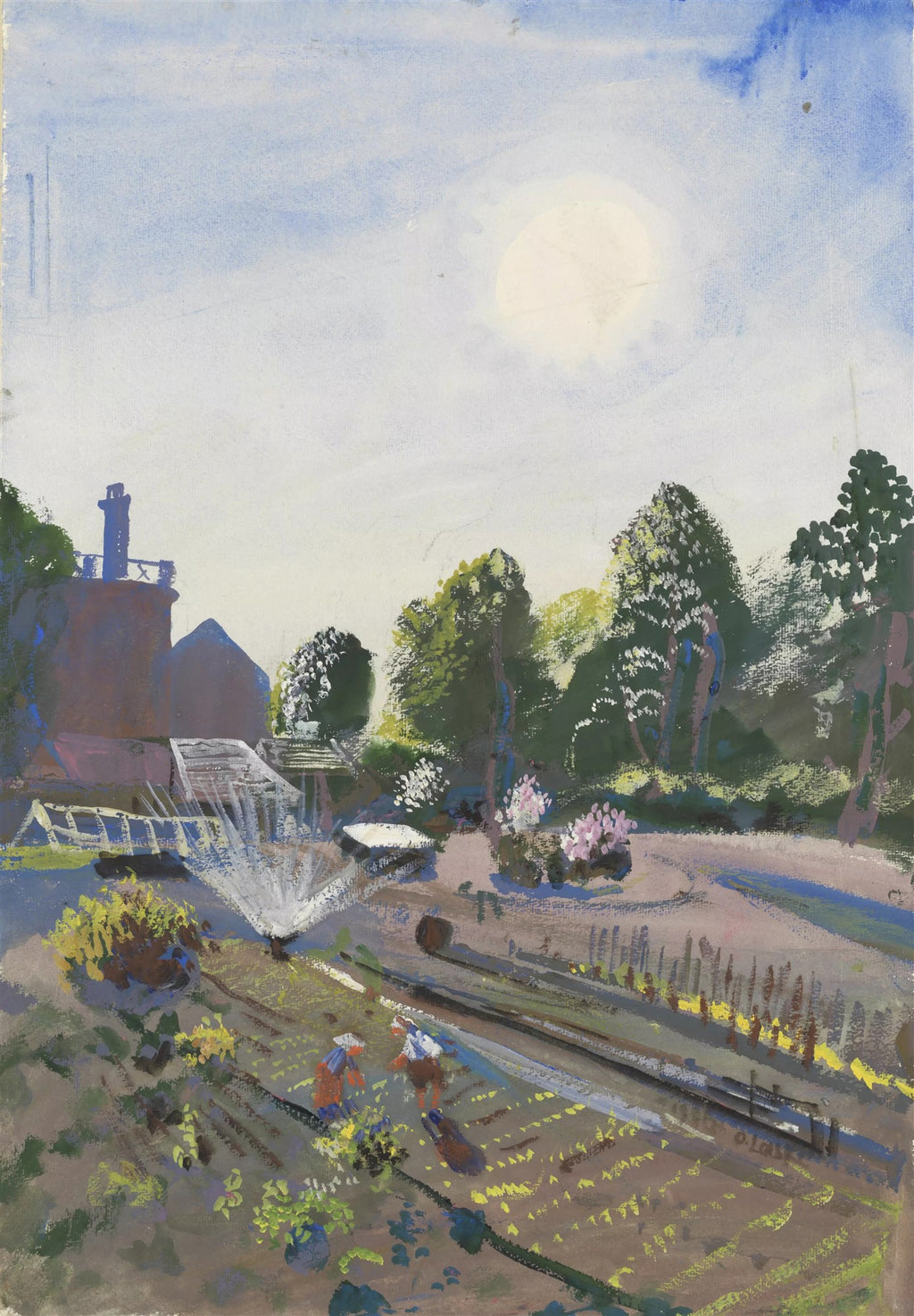 Quadro decorativo com pintura de jardim ensolarado, irrigador, edifícios e árvores, ao estilo de Oskar Laske.