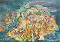Pintura a óleo de Oskar Laske, 'A Ilha dos Bem-Aventurados', retratando uma ilha fantástica com figuras míticas, um navio em chamas, montanhas e mar revolto, em estilo expressionista com cores vibrantes.