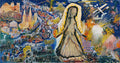 Quadro decorativo A Passagem do Tempo de Oskar Laske, uma pintura expressionista com uma figura central feminina envolta em luz e cenas históricas tumultuadas e modernas ao redor, incluindo igrejas, batalhas e aviões.