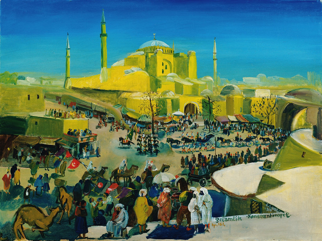 Pintura a óleo de Oskar Laske retratando um mercado movimentado em Constantinopla, com a Hagia Sophia amarela ao fundo e um céu azul intenso. Há muitas pessoas, animais e barracas no mercado.