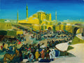 Pintura a óleo de Oskar Laske retratando um mercado movimentado em Constantinopla, com a Hagia Sophia amarela ao fundo e um céu azul intenso. Há muitas pessoas, animais e barracas no mercado.