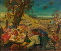 Pintura a óleo de Oskar Laske, 'A Terra da Abundância', mostrando uma paisagem surreal com pessoas festejando e comida abundante pendurada em árvores, em tons terrosos e azul-esverdeado.