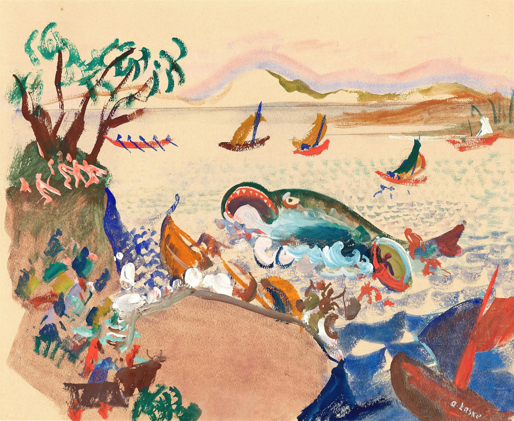Quadro decorativo colorido de Oskar Laske, 'Die Walfangflotte', mostrando uma baleia gigante emergindo da água cercada por pequenos barcos a remo e veleiros, com uma paisagem montanhosa ao fundo. A obra apresenta uma paleta vibrante e traços expressivos.