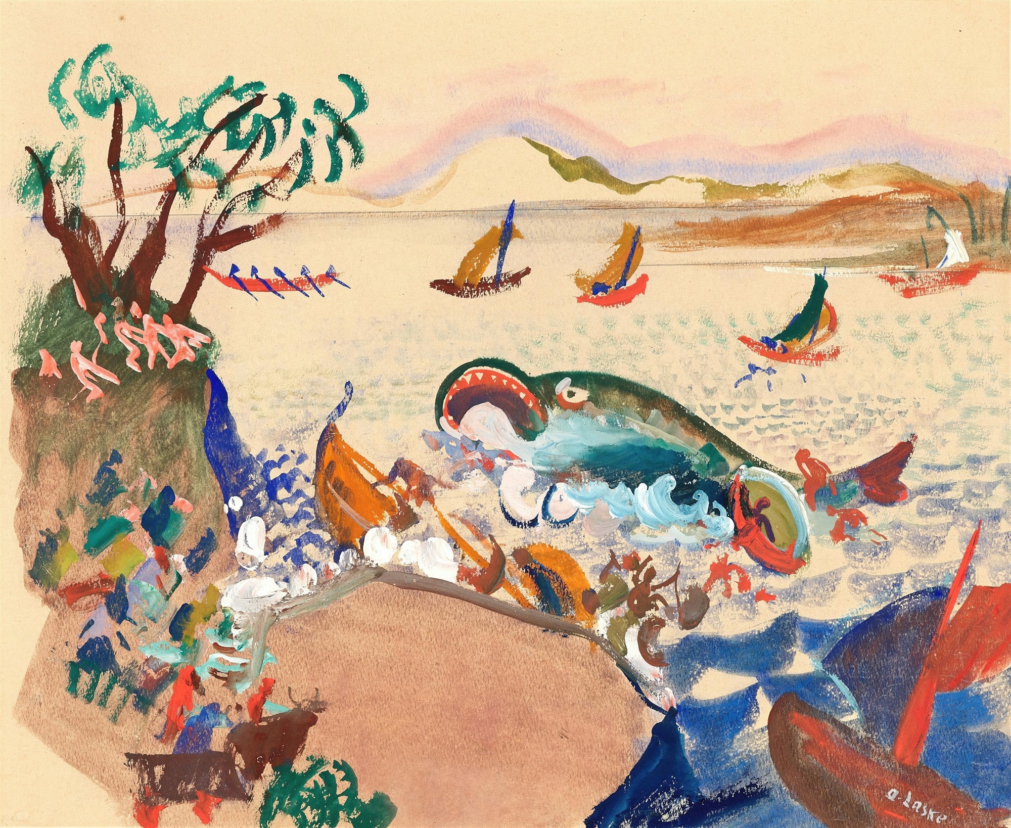 Quadro decorativo colorido de Oskar Laske, 'Die Walfangflotte', mostrando uma baleia gigante emergindo da água cercada por pequenos barcos a remo e veleiros, com uma paisagem montanhosa ao fundo. A obra apresenta uma paleta vibrante e traços expressivos.