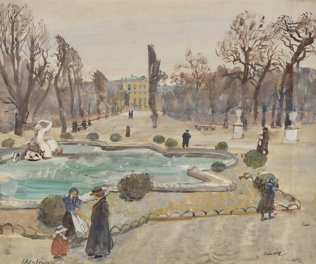 Aquarela de Oskar Laske 'Schoenbrunn (Inverno)', retratando um jardim palaciano no inverno com árvores sem folhas, uma fonte com estátua e algumas figuras passeando, sob um céu cinzento.
