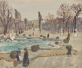 Aquarela de Oskar Laske 'Schoenbrunn (Inverno)', retratando um jardim palaciano no inverno com árvores sem folhas, uma fonte com estátua e algumas figuras passeando, sob um céu cinzento.