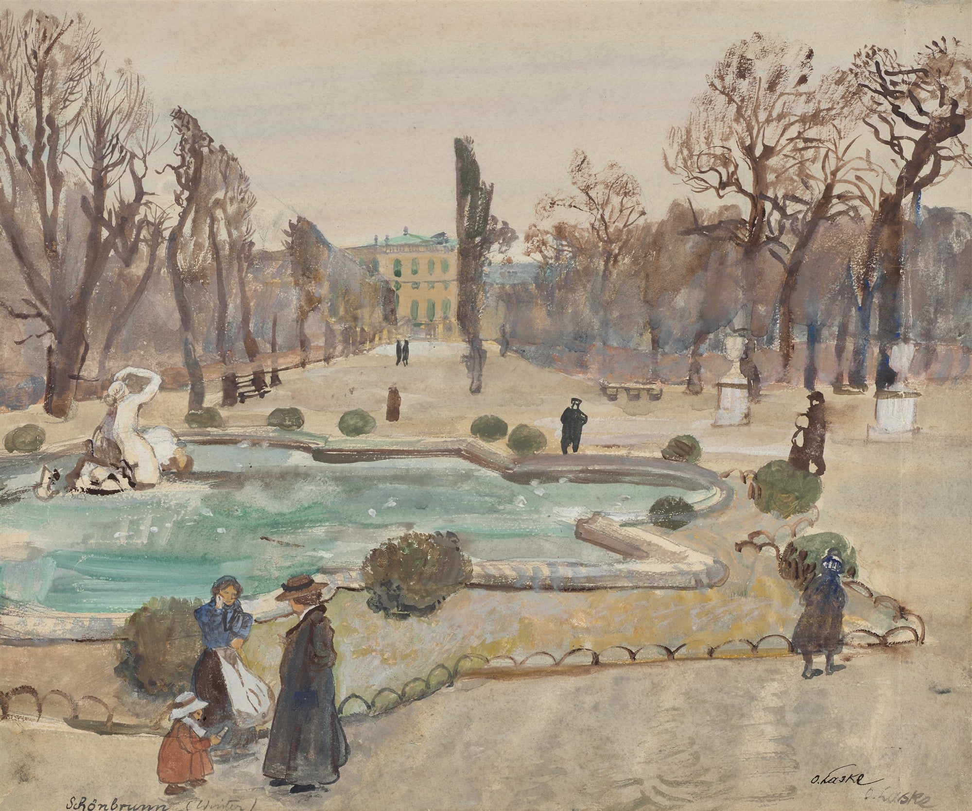 Aquarela de Oskar Laske 'Schoenbrunn (Inverno)', retratando um jardim palaciano no inverno com árvores sem folhas, uma fonte com estátua e algumas figuras passeando, sob um céu cinzento.