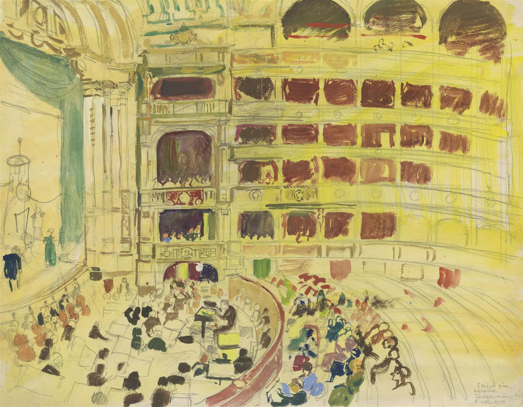Quadro decorativo mostrando uma cena de um concerto em um teatro ou sala de ópera, com orquestra e público, em tons de amarelo, verde e marrom, atribuído a Oskar Laske.
