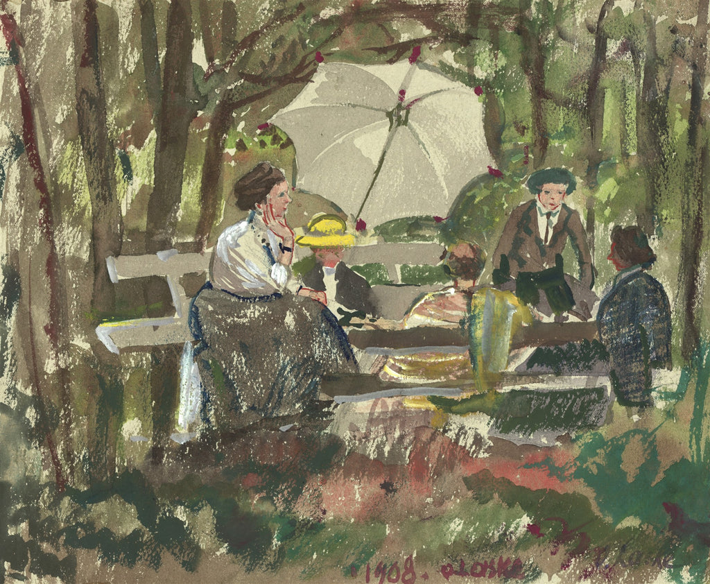 Quadro decorativo mostrando uma cena de parque com figuras sentadas em um banco e um guarda-sol, em tons de verde, marrom e amarelo, com a assinatura '1908. O. Laske'.