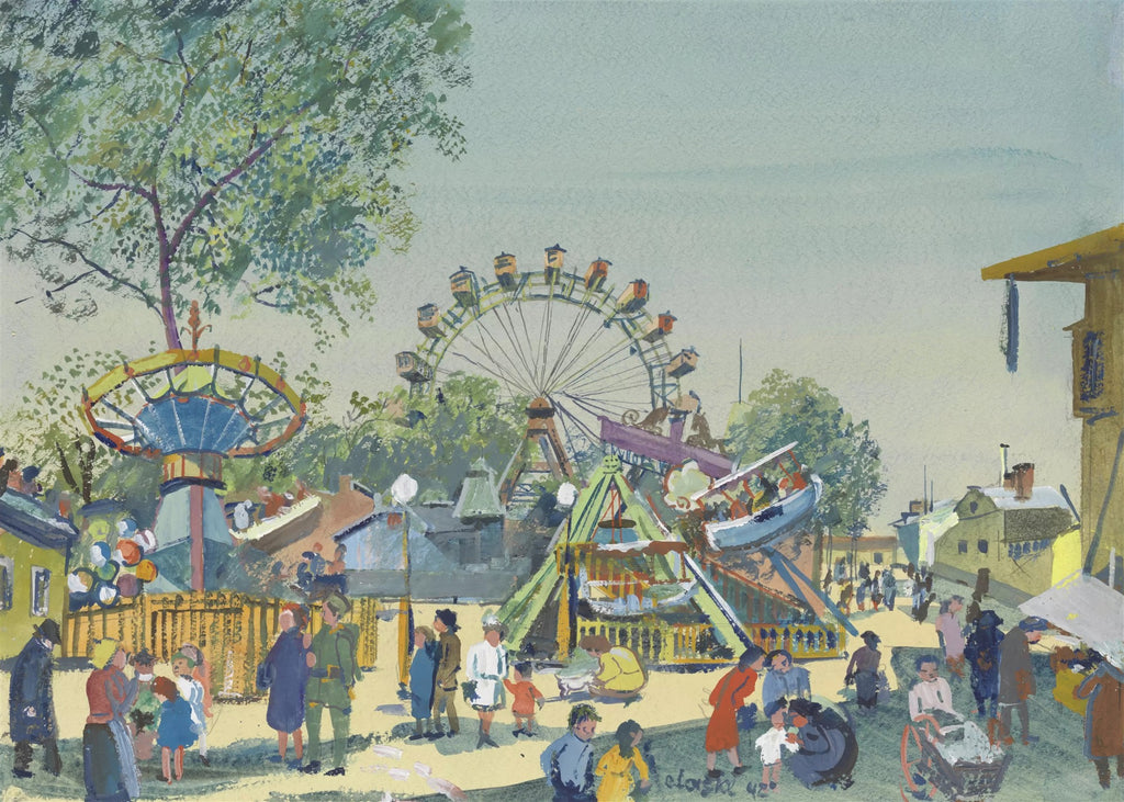 Pintura de Oskar Laske mostrando um parque de diversoes com roda-gigante, carrossel e pessoas passeando, em tons pasteis e vibrantes.