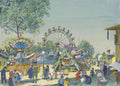 Pintura de Oskar Laske mostrando um parque de diversoes com roda-gigante, carrossel e pessoas passeando, em tons pasteis e vibrantes.