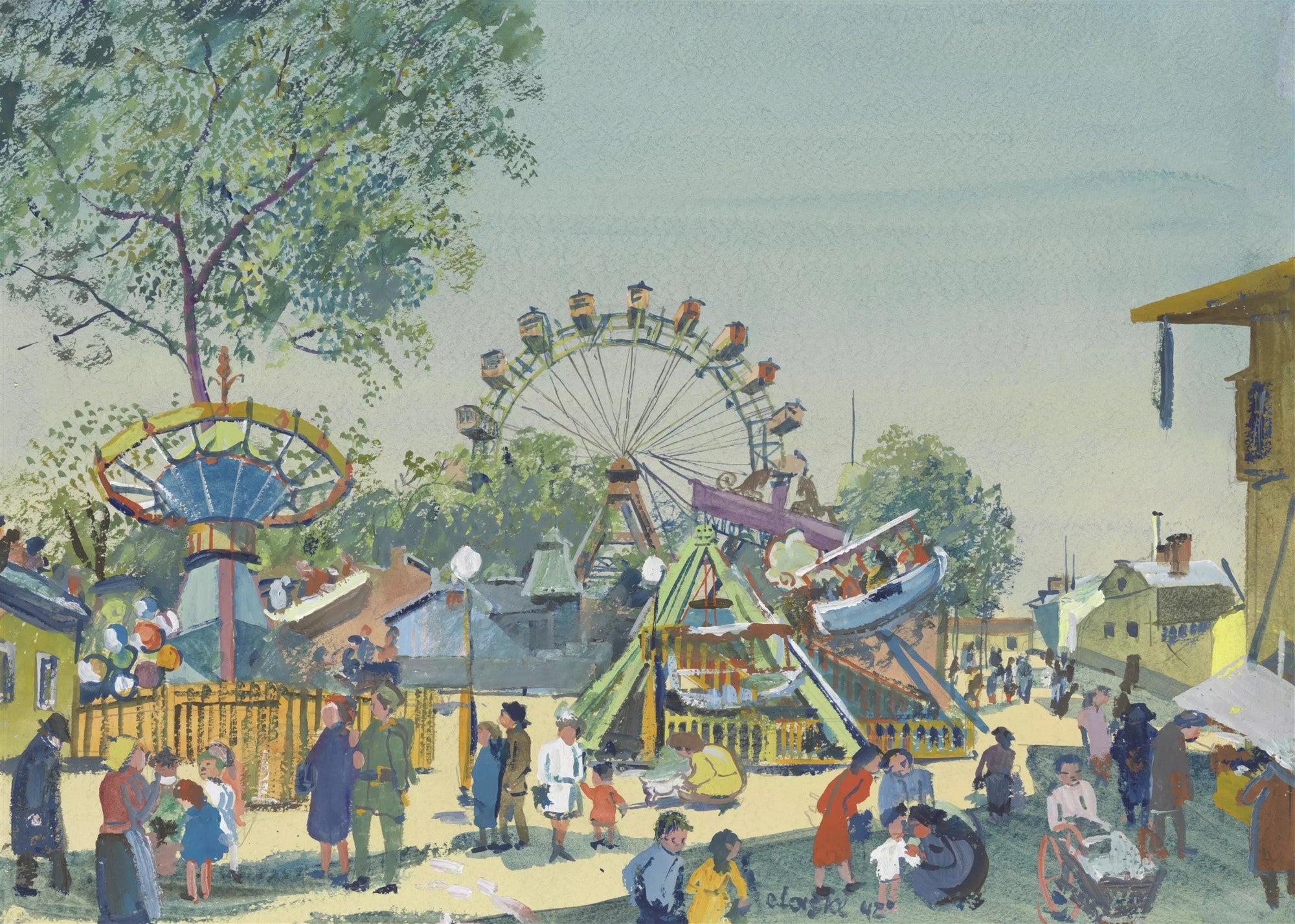 Pintura de Oskar Laske mostrando um parque de diversoes com roda-gigante, carrossel e pessoas passeando, em tons pasteis e vibrantes.