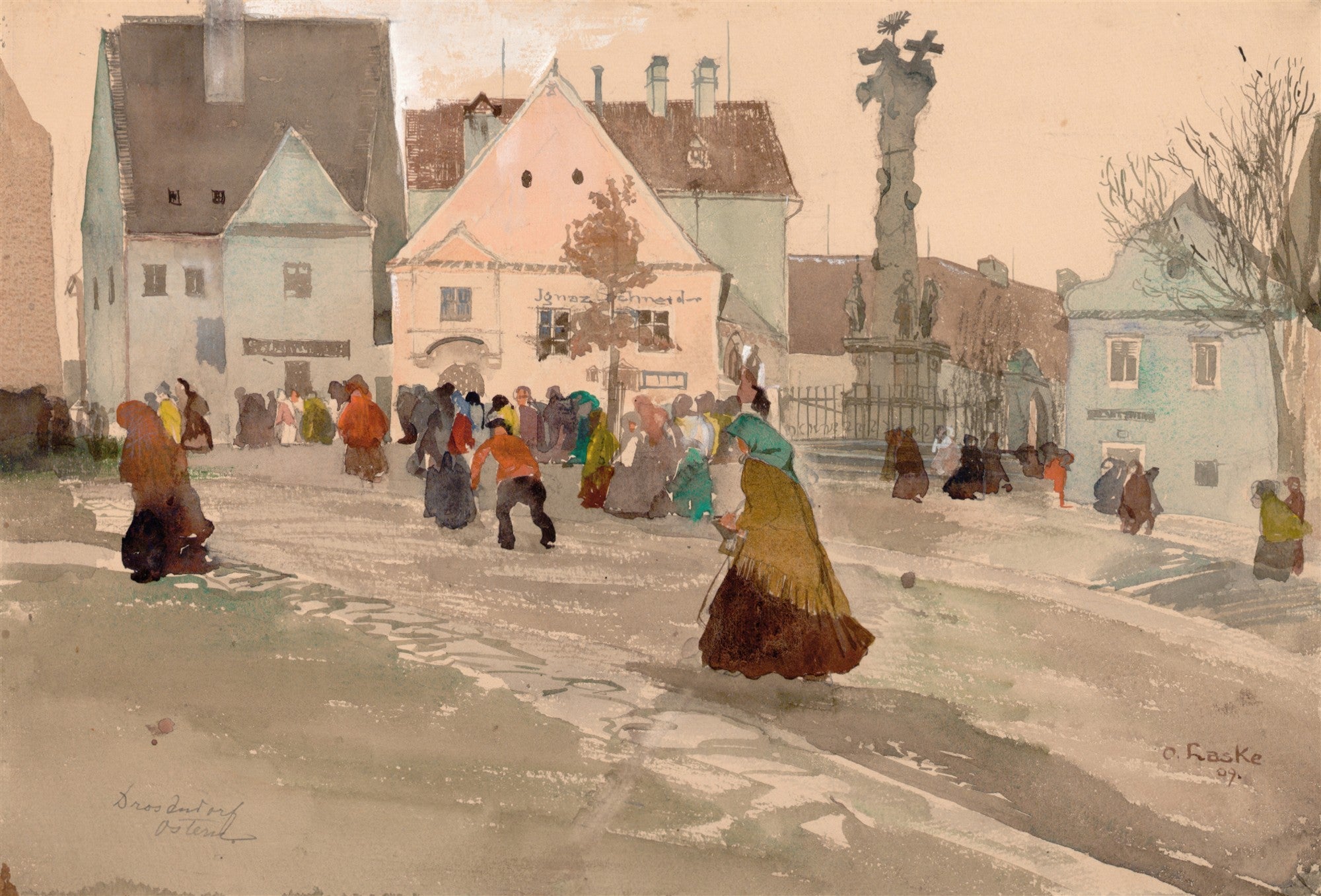 Aquarela de Oskar Laske retratando uma cena de mercado movimentada em uma cidade europeia antiga, com prédios de telhados pontudos e muitas figuras em vestes coloridas.