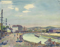 Quadro decorativo mostrando uma paisagem urbana com um rio ou canal ao centro, pessoas caminhando à beira e edifícios ao fundo, atribuído a Oskar Laske.