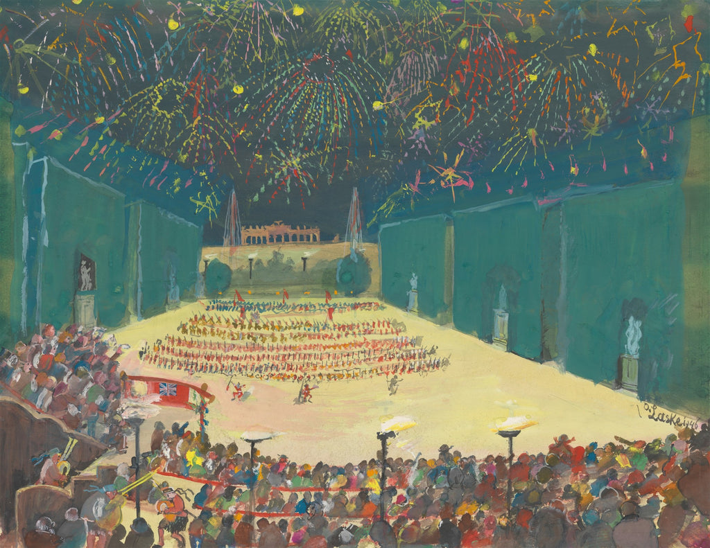 Pintura a óleo de Oskar Laske, 'Festa no Jardim', retratando uma grande celebração noturna ao ar livre com fogos de artifício coloridos no céu escuro, uma multidão animada e arquitetura clássica ao fundo, com destaque para tons de verde-azulado, amarelo e vermelho vibrante.