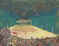 Pintura a óleo de Oskar Laske, 'Festa no Jardim', retratando uma grande celebração noturna ao ar livre com fogos de artifício coloridos no céu escuro, uma multidão animada e arquitetura clássica ao fundo, com destaque para tons de verde-azulado, amarelo e vermelho vibrante.