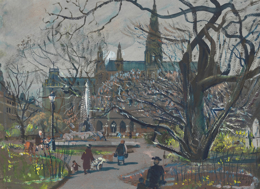 Quadro decorativo mostrando uma cena urbana de Viena no outono, com a Karlskirche ao fundo, árvores sem folhas em primeiro plano e pessoas caminhando em um parque. A paleta de cores é outonal e melancólica, com tons de cinza, marrom e verde-oliva. A pintura é atribuída a Oskar Laske.