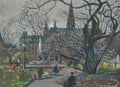 Quadro decorativo mostrando uma cena urbana de Viena no outono, com a Karlskirche ao fundo, árvores sem folhas em primeiro plano e pessoas caminhando em um parque. A paleta de cores é outonal e melancólica, com tons de cinza, marrom e verde-oliva. A pintura é atribuída a Oskar Laske.