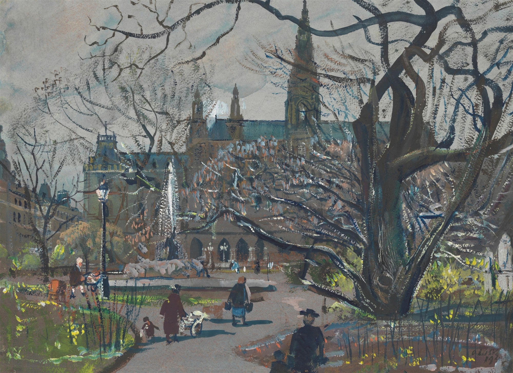 Quadro decorativo mostrando uma cena urbana de Viena no outono, com a Karlskirche ao fundo, árvores sem folhas em primeiro plano e pessoas caminhando em um parque. A paleta de cores é outonal e melancólica, com tons de cinza, marrom e verde-oliva. A pintura é atribuída a Oskar Laske.