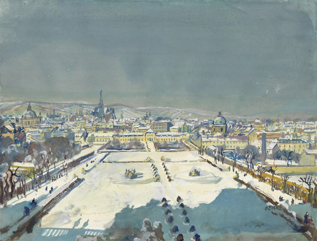 Pintura de paisagem urbana de inverno, mostrando uma cidade coberta de neve com edifícios históricos e um grande jardim formal com caminhos e canteiros brancos. O céu é cinzento e pesado. Assinatura 'O. Laske' no canto inferior direito.
