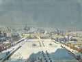 Pintura de paisagem urbana de inverno, mostrando uma cidade coberta de neve com edifícios históricos e um grande jardim formal com caminhos e canteiros brancos. O céu é cinzento e pesado. Assinatura 'O. Laske' no canto inferior direito.
