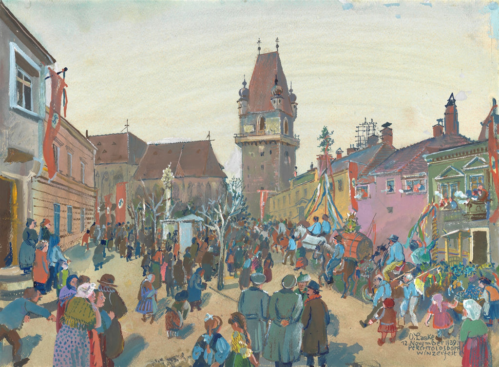 Quadro decorativo mostrando uma praça movimentada com pessoas em um festival, edifícios antigos e uma torre alta ao fundo, em estilo vibrante de Oskar Laske.