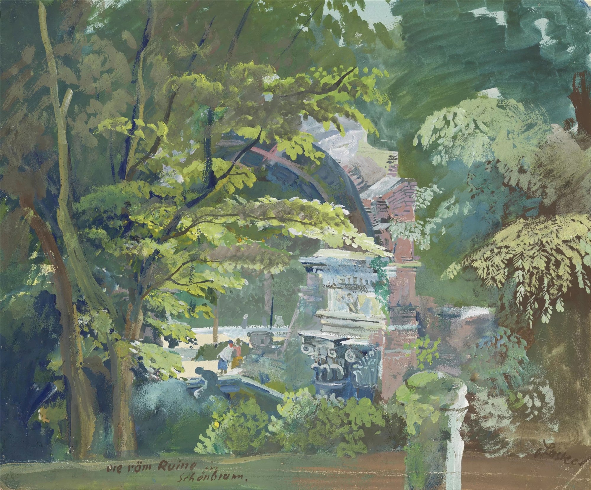 Pintura a óleo de Oskar Laske, 'A Ruína Romana em Schönbrunn', mostrando uma ruína clássica de pedra e tijolos envolta em folhagem verde exuberante, com pessoas caminhando em segundo plano. Predominam tons de verde, marrom e azul acinzentado.