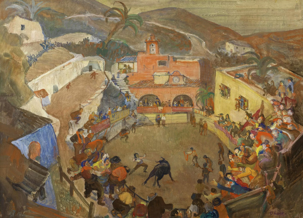 Pintura a óleo de Oskar Laske, 'Tourada em Mijas', mostrando uma arena de tourada vista de cima, com toureiros, touro, e uma multidão animada nas arquibancadas e nas ruas ao redor, cercada por edifícios e colinas. A paleta de cores é terrosa com toques vibrantes.