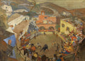 Pintura a óleo de Oskar Laske, 'Tourada em Mijas', mostrando uma arena de tourada vista de cima, com toureiros, touro, e uma multidão animada nas arquibancadas e nas ruas ao redor, cercada por edifícios e colinas. A paleta de cores é terrosa com toques vibrantes.
