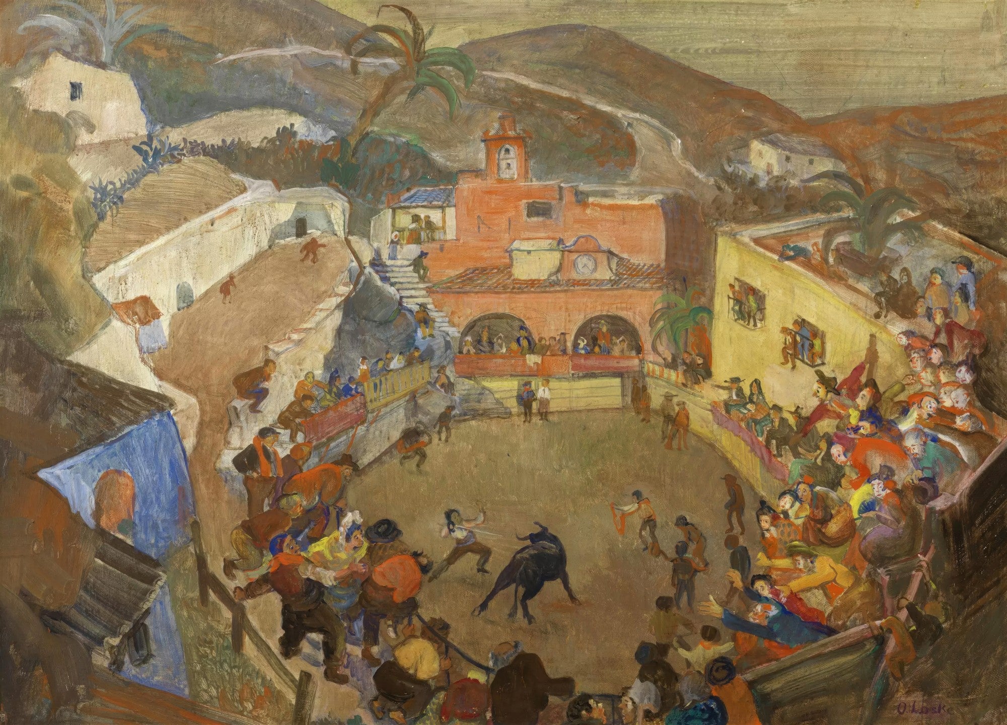 Pintura a óleo de Oskar Laske, 'Tourada em Mijas', mostrando uma arena de tourada vista de cima, com toureiros, touro, e uma multidão animada nas arquibancadas e nas ruas ao redor, cercada por edifícios e colinas. A paleta de cores é terrosa com toques vibrantes.