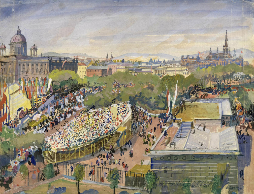 Uma pintura aquarela de Oskar Laske retratando um grande festival em Viena, com multidões de pessoas em arquibancadas temporárias e edifícios históricos ao fundo, sob um céu ligeiramente nublado.