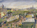 Uma pintura aquarela de Oskar Laske retratando um grande festival em Viena, com multidões de pessoas em arquibancadas temporárias e edifícios históricos ao fundo, sob um céu ligeiramente nublado.
