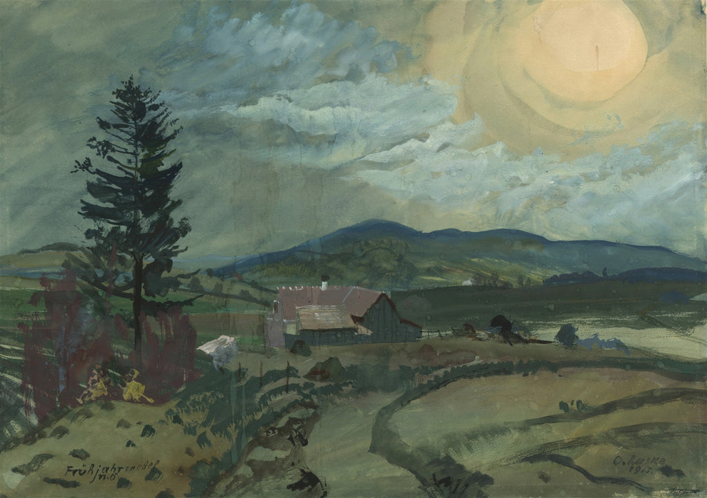 Pintura de Oskar Laske, uma paisagem com um grande pinheiro à esquerda, uma casa de campo no centro e montanhas ao fundo, sob um céu nublado com um sol pálido no canto superior direito.
