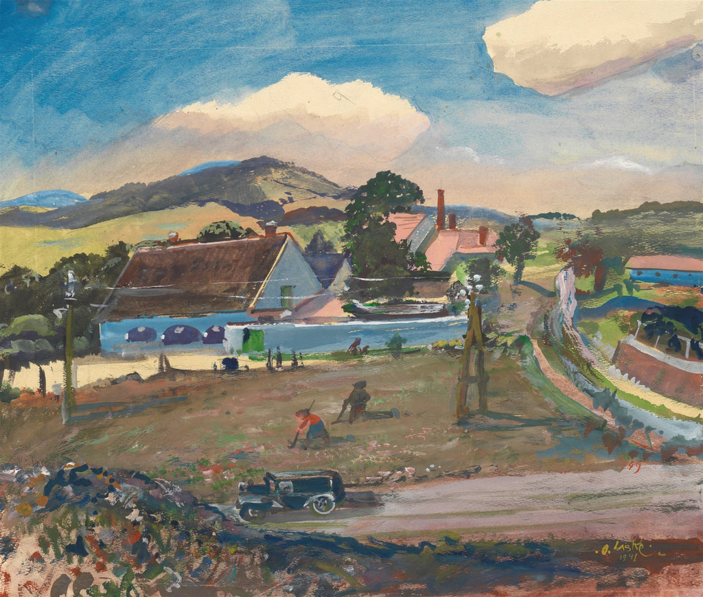 Pintura de paisagem campestre com casas, montanhas e céu azul com nuvens brancas, com figuras humanas e um carro na estrada, do artista Oskar Laske, datada de 1911.