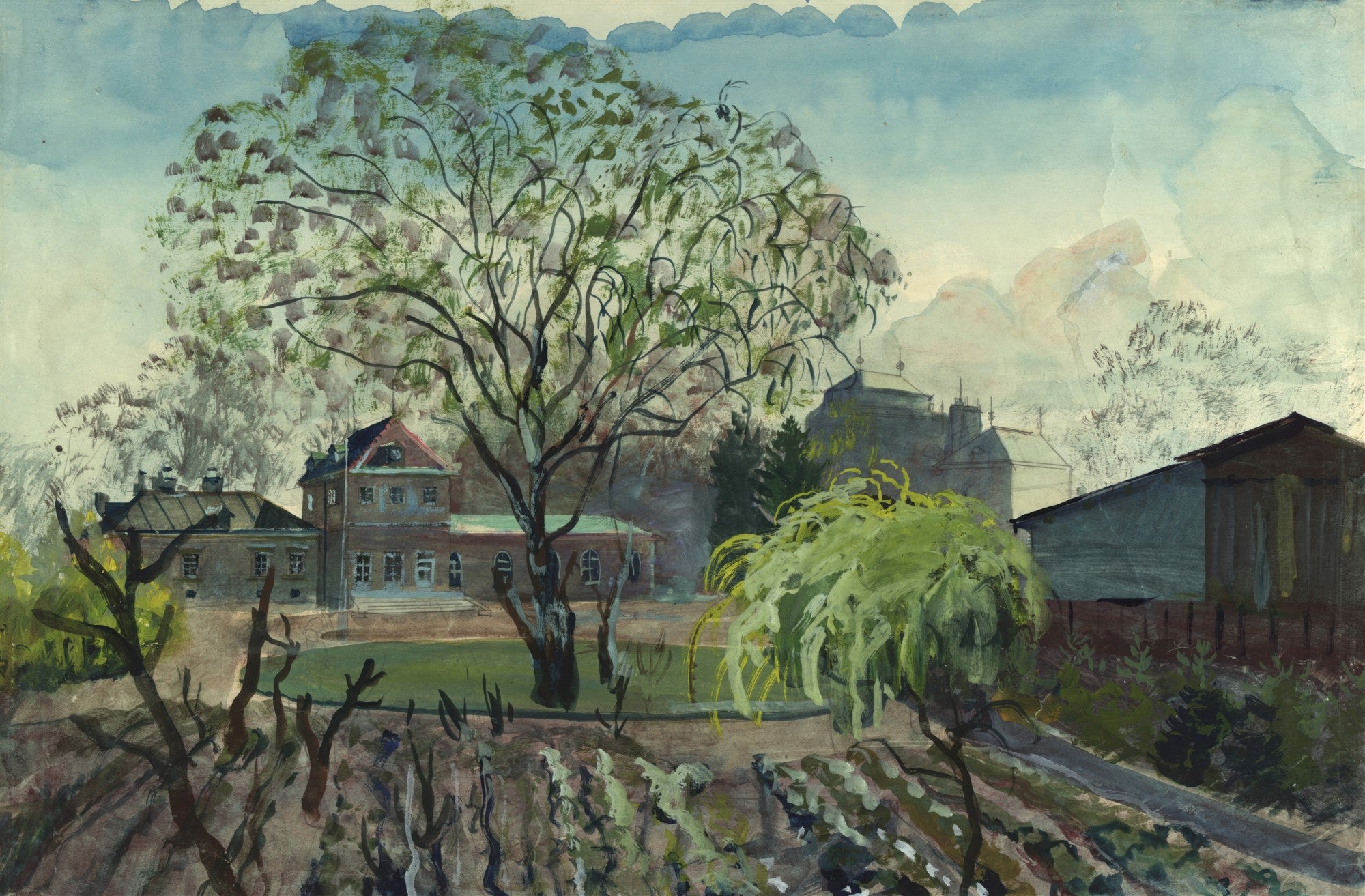 Pintura em aquarela de Oskar Laske mostrando uma paisagem com casas e grandes árvores de folhagem verde e galhos secos em primeiro plano, sob um céu azul claro com nuvens brancas.