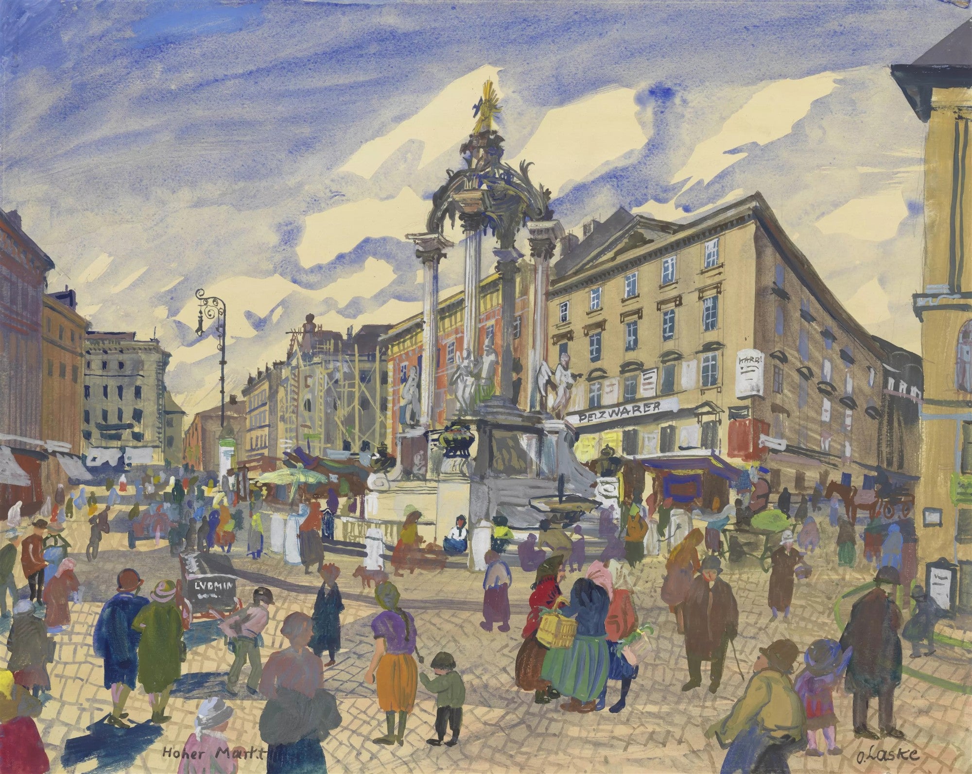 Quadro decorativo do Hoher Markt de Oskar Laske, mostrando uma praça movimentada com pessoas, edifícios históricos e um monumento central sob um céu azul com nuvens brancas.
