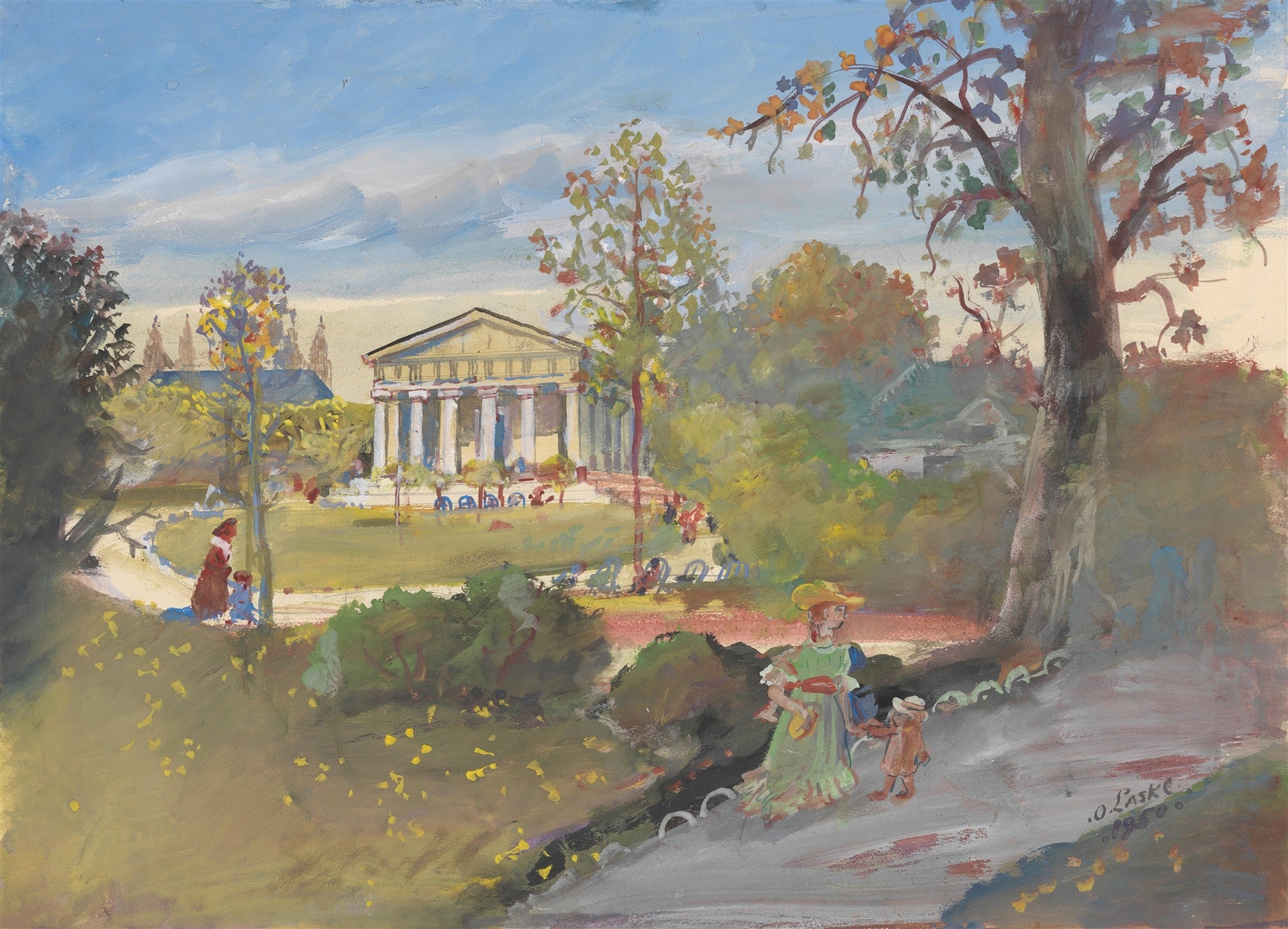 Pintura a óleo de Oskar Laske retratando um parque com figuras caminhando e um templo clássico com colunas ao fundo sob um céu azul e nublado.