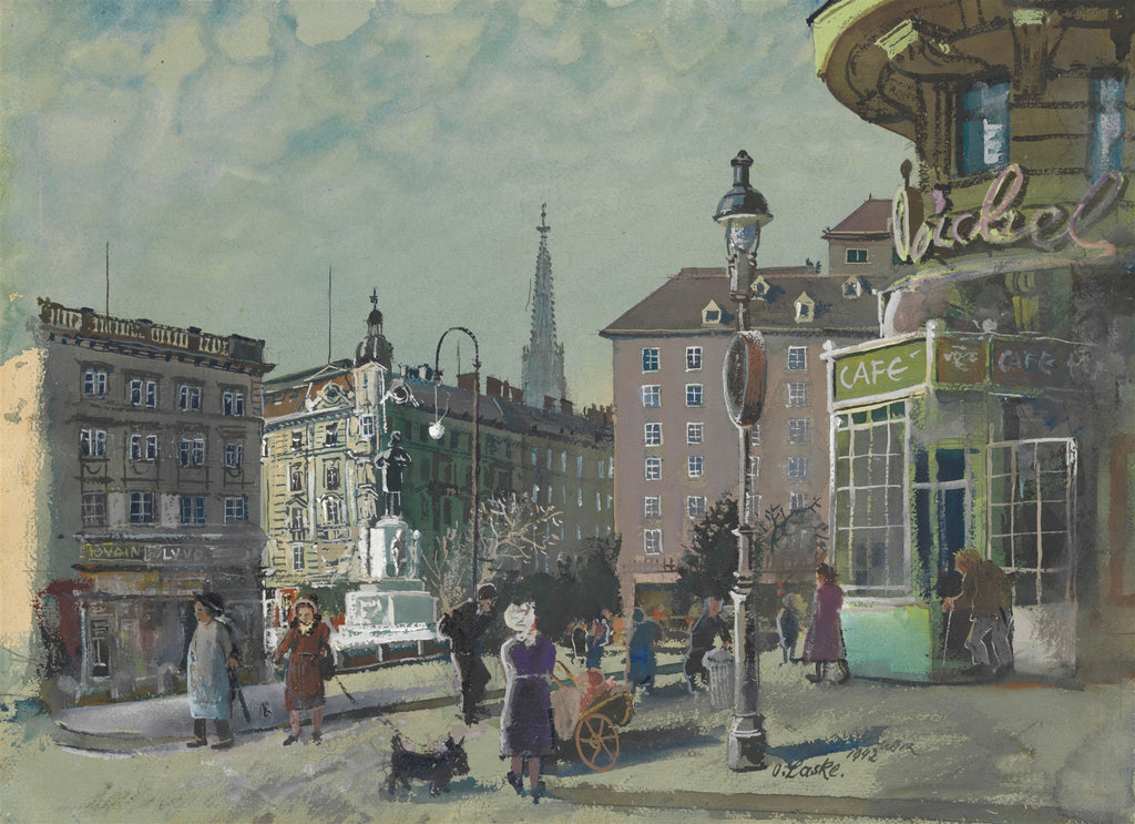 Pintura de rua movimentada com café, pessoas e arquitetura europeia, assinada por Oskar Laske. Predominam tons de verde, cinza e azul.