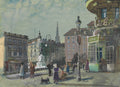 Pintura de rua movimentada com café, pessoas e arquitetura europeia, assinada por Oskar Laske. Predominam tons de verde, cinza e azul.