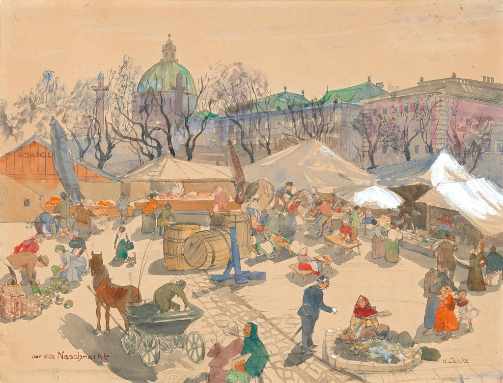 Aquarela de Oskar Laske retratando um movimentado mercado ao ar livre em Viena, com barracas, pessoas, um cavalo e uma carroça, e edifícios históricos com domos ao fundo.