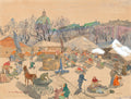 Aquarela de Oskar Laske retratando um movimentado mercado ao ar livre em Viena, com barracas, pessoas, um cavalo e uma carroça, e edifícios históricos com domos ao fundo.