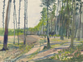 Pintura de paisagem florestal de Oskar Laske com árvores altas e finas, luz solar filtrando-se e criando sombras no chão da floresta. Predominam tons de verde, marrom e cinza.