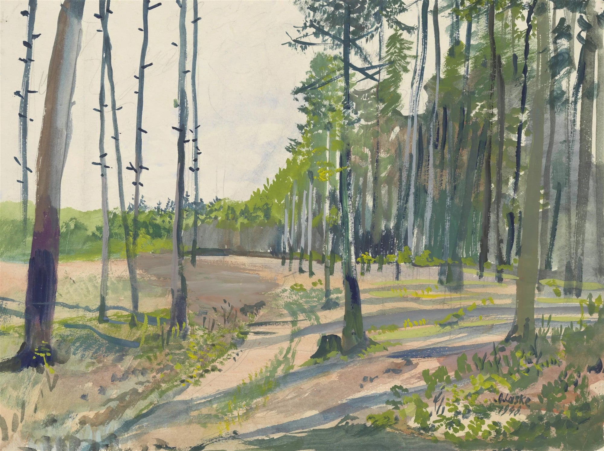 Pintura de paisagem florestal de Oskar Laske com árvores altas e finas, luz solar filtrando-se e criando sombras no chão da floresta. Predominam tons de verde, marrom e cinza.
