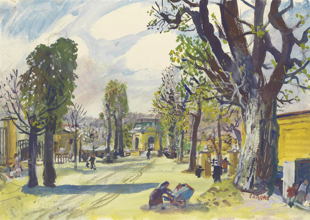 Pintura de Oskar Laske mostrando um caminho arborizado com pessoas e edifícios ao fundo, em tons de verde, amarelo e azul, com pinceladas expressivas.
