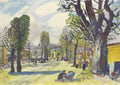 Pintura de Oskar Laske mostrando um caminho arborizado com pessoas e edifícios ao fundo, em tons de verde, amarelo e azul, com pinceladas expressivas.