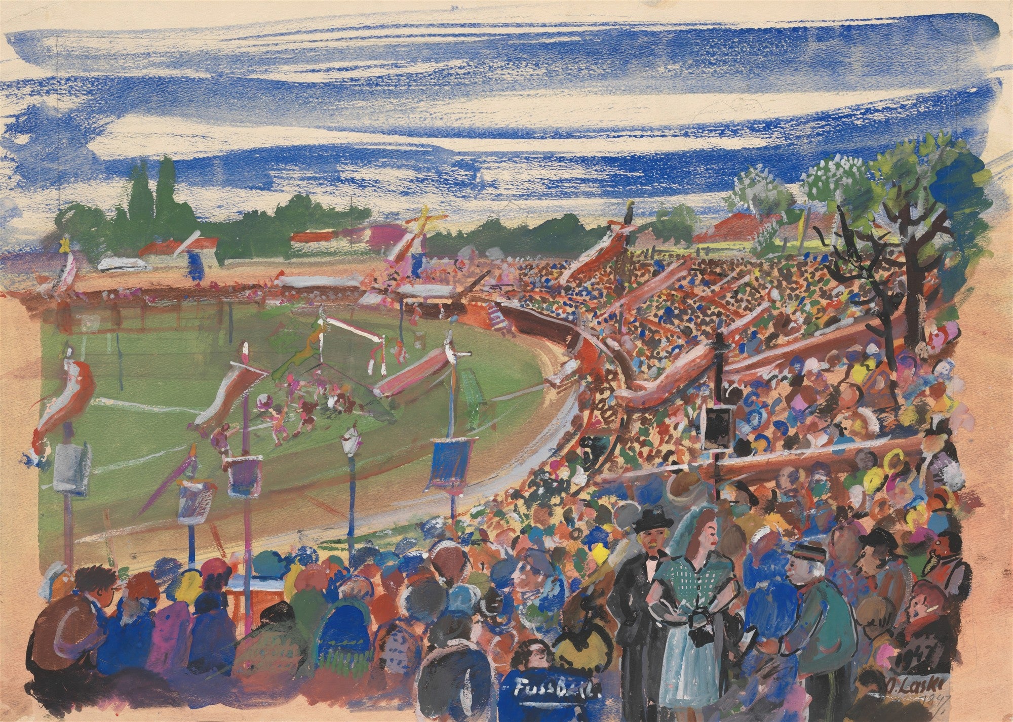 Pintura de Oskar Laske mostrando um campo de futebol lotado com arquibancadas cheias, o gramado verde e um céu azul expressivo. Pessoas em primeiro plano observam o jogo.