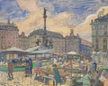 Quadro decorativo mostrando uma cena de mercado movimentado na praça Am Hof em Viena, com barracas, pessoas e edifícios históricos ao fundo, sob um céu nublado, pintado por Oskar Laske.