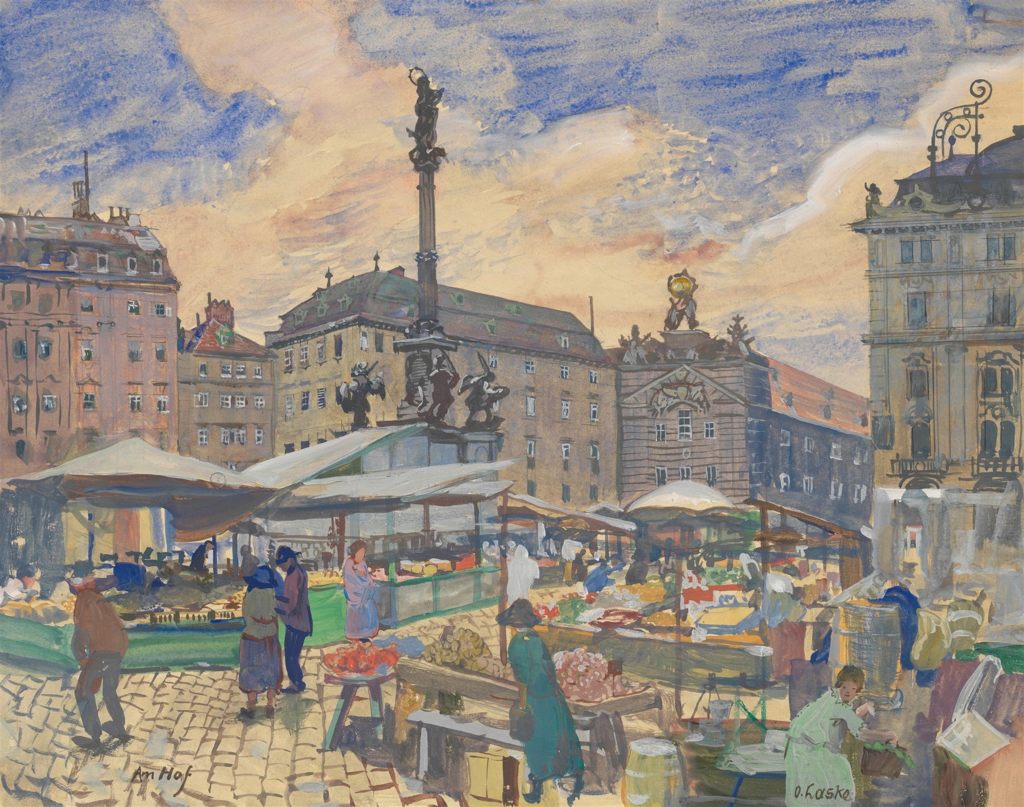 Quadro decorativo mostrando uma cena de mercado movimentado na praça Am Hof em Viena, com barracas, pessoas e edifícios históricos ao fundo, sob um céu nublado, pintado por Oskar Laske.
