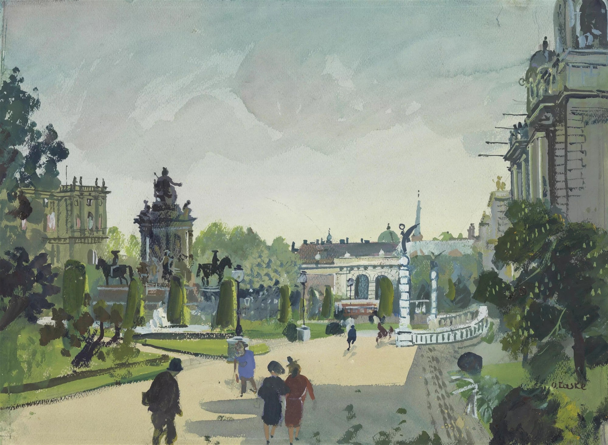 Pintura em aquarela de Oskar Laske mostrando os Jardins do Palácio Belvedere em Viena, com estátuas, árvores verdes e pessoas caminhando sob um céu nublado.